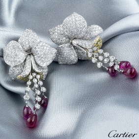 Cartier Caresse D Orchidees Diamond and Ruby Platinum Earrings
